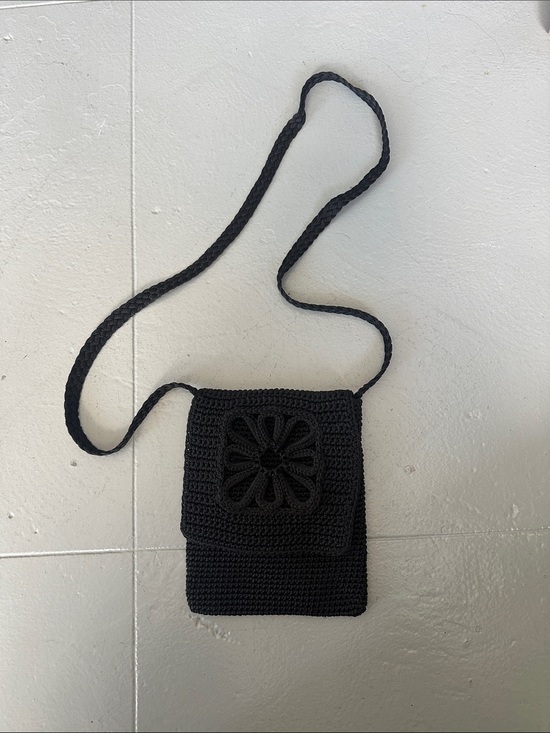 Handbags - Black Crochet Crossbody Bag with Floral Design - vintage 90s